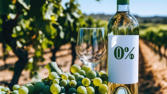 Zero-alcohol wine bottle and glass in vineyard
