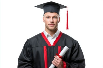 Caucasian male young graduate in cap and gown holding diploma on white background