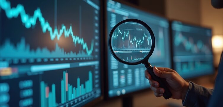 Hand holding magnifying glass examines financial analytics on monitors. Screens show stock market graphs charts, digital dashboards. Investment analysis report under review. Business intelligence