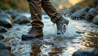 Close-up shot of hiker boots splashing water in a shallow mountain stream. Person walks through cold water outdoor. Active lifestyle adventure travel concept.