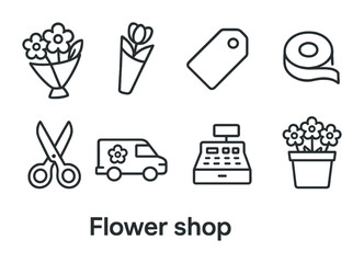 Flower shop outline icons set – linear, floral, gardening and retail symbols