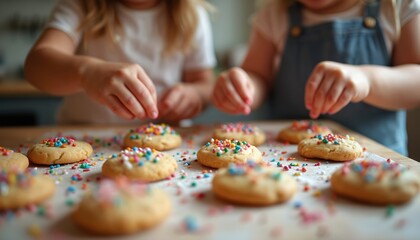 Children decorate cookies with colorful sprinkles in kitchen. Kids joyful bake session. Family fun preparing festive sweet dessert. Cute little hands add sprinkles to cookies. Christmas, holiday,