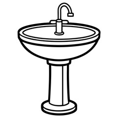 Modern bathroom sink with old-fashioned metal water tap and a glass on an isolated empty table