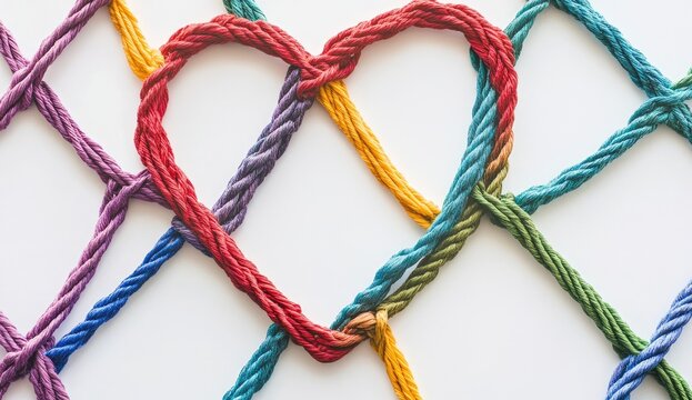 Colorful threads intertwined to form a heart shape on a white background.  Interconnected, vibrant,  tapestry of love