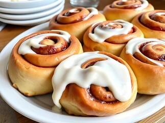Sweet Cinnamon Roll Delight: A mouthwatering collection of freshly baked cinnamon rolls sits gracefully on a plate. With a creamy, sweet icing drizzle, the image exudes warmth and comfort.