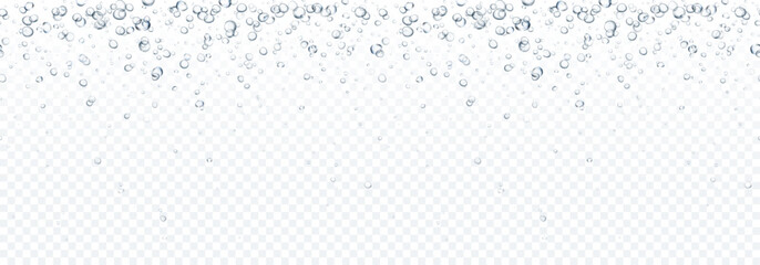 Bubbles underwater texture isolated on transparent background. Vector air, gas or oxygen under water. Realistic fizzy drink, soda effect seamless pattern