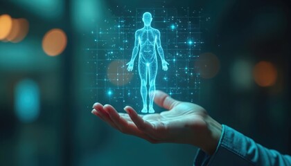Human figure hologram floats in hand. Digital health tech concept. Represents patient care. Network grid connects data. Innovations in medicine, diagnostics, treatment. Modern healthcare future.