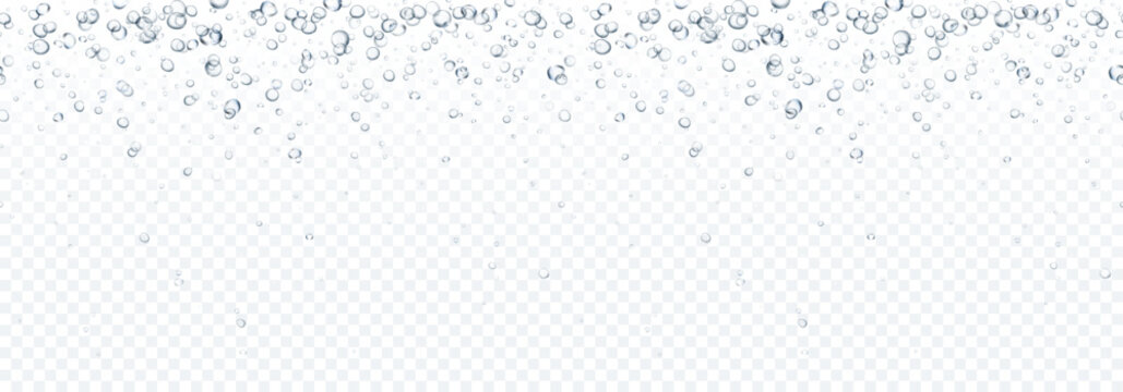 Bubbles underwater texture isolated on transparent background. Vector air, gas or oxygen under water. Realistic fizzy drink, soda effect seamless pattern