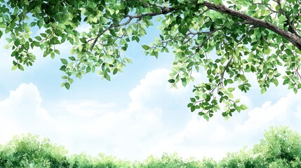 Fototapeta premium A high-quality watercolor painting of lush green leaves and branches overhanging a bright blue sky with fluffy white clouds provides ample copy space for text or design elements.