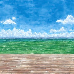Fototapeta premium A serene watercolor painting depicts a tranquil ocean scene with a wooden deck offe ample copy space perfect for adding text or design elements ideal for various projects and