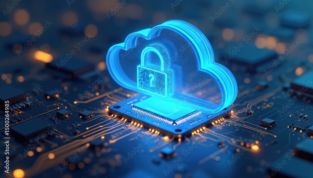 Poster Digital illustration secure cloud storage concept. Glowing cloud, lock icon on circuit board. Server data protection, information security, privacy, online safety, access, computing.