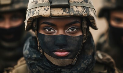 Fototapeta premium Portrait of diverse and inclusive young US Army troops featuring women soldiers. AI generated illustration.