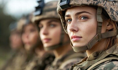 Fototapeta premium Portrait of diverse and inclusive young US Army troops featuring women soldiers. AI generated illustration.