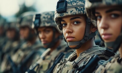 Fototapeta premium Portrait of diverse and inclusive young US Army troops featuring women soldiers. AI generated illustration.