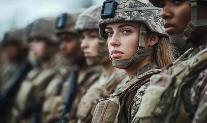 Fototapeta premium Portrait of diverse and inclusive young US Army troops featuring women soldiers. AI generated illustration.