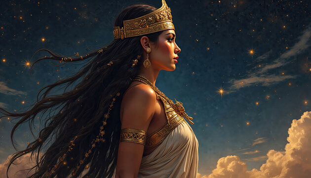 Illustration of Sumerian goddess Inanna against starry backdrop. Goddess wears gold crown, jewelry, draped in white cloth. Divine, mystical female figure. Love, war, celestial, feminine power