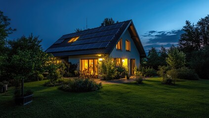 Cozy house at dusk, lit windows