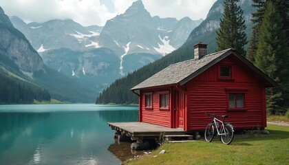Red cabin located by lake. Bike parked outside in scenic mountain setting. Summer landscape with water, trees. Home in forest. Beautiful nature, sky, view. Wooden building, bungalow in Alps.