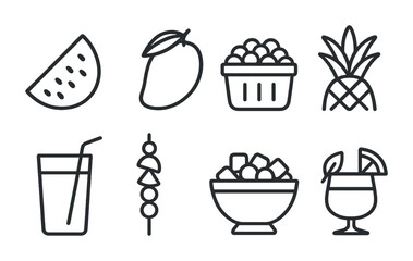 Fresh fruit and beverage outline icons set – line, outline, food and drink symbols
