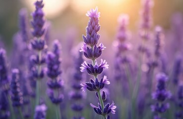 Obraz premium Close-up of blooming lavender flowers. Purple floral field, natural background. Provence aesthetic. Violet blooms, summer sunshine, perfumery eco beauty. Beautiful nature, aromatherapy, spa, perfume,