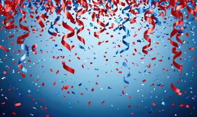 Blue and red confetti falling as festive 4th of July USA Independence Day decoration. AI generated illustration.