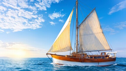 Obraz premium A classic wooden yacht sails gracefully on the open sea at sunset, its sails catching the golden light as it glides across the calm waters under a vibrant sky.