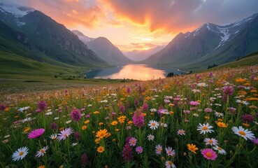 Scenic sunset view in Retezat mountain range, Romanian Carpathians. Colorful meadow flowers bloom. Lake reflects sunset colors, mountains, sky. Ideal travel background, nature scenic photography.