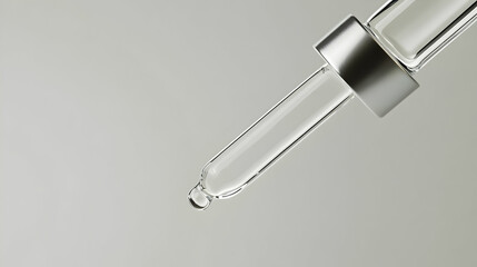 Close-up of a minimalist glass dropper with a liquid drop in soft studio light