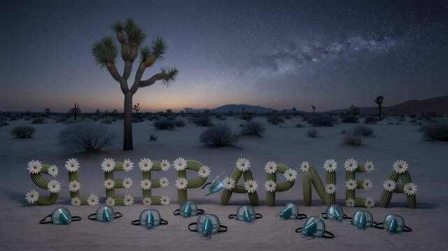 Nighttime desert landscape revealing sleep apnea awareness with delicate flowers, cacti spelling medical terminology under starry milky way backdrop - Powered by Adobe