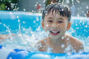 Boy playing in a pool in the garden, cooling off from the heat with some swimming fun, a classic summer experience in the backyard