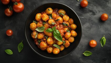 Gnocchi with tomato sauce and basil in a bowl