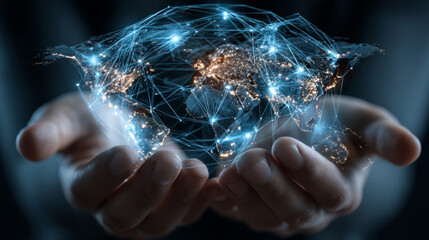 Hands holding globe with network connecting data of smart cities, digital infrastructure, advanced technology, sustainable solutions, innovative systems, urban planning, global economic development.