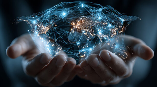 Hands holding globe with network connecting data of smart cities, digital infrastructure, advanced technology, sustainable solutions, innovative systems, urban planning, global economic development.