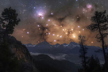 Naklejka premium Star clusters over a dark forest landscape with the Milky Way visible