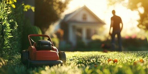 Red lawnmower in a yard at sunset