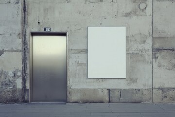 Urban exterior with blank billboard and elevator door