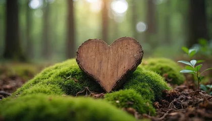 Ingelijste posters Ziekenhuis Wooden heart on green moss. Forest nature burial grave background. Natural burial concept, eco-friendly funeral. Tree burial in wood. Symbol of love, faith, grief, remembrance, memorial, death, loss.  © miss irine