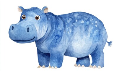 Fototapeta premium Blue watercolor hippo doll for kids on white background. AI generated illustration.
