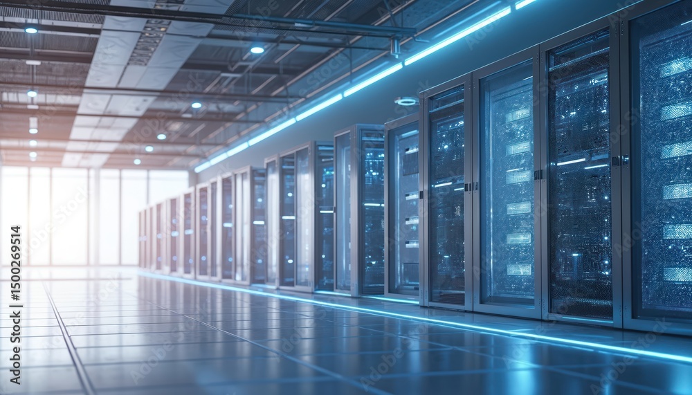 Leinwandbilder Modern data center with sleek metallic architecture during system upgrade. Server racks with powerful equipment, internet tech, digital information storage. High-tech enterprise server room.