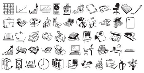 Office Essentials in Line Art: A collection of meticulously crafted line art illustrations showcases an array of essential office equipment.
