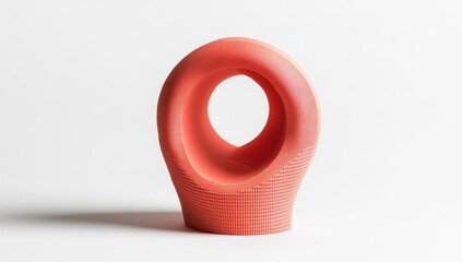 Coral-colored, abstract sculpture with a hollow, rounded form