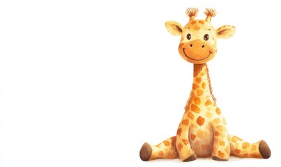Watercolor kid giraffe doll, smiling joyfully, full body on white background. AI generated illustration.