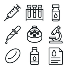 Blood Test Tools. Outline icon set of blood test panel: syringe, test tube rack, vial of blood, pipette, centrifuge, lab