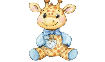 Obraz premium Watercolor kid giraffe doll, smiling joyfully, full body on white background. AI generated illustration.