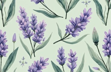 Fototapeta premium Hand drawn floral seamless pattern with lavender flowers, leaves. Watercolor botanical art background for textile design, wallpaper, wrapping paper, fabric prints. Spring summer season, natural