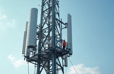 Engineer repairs network pole, antennas. Man wearing orange safety vest, helmet works on high-risk job. Fast network upgrade, tech innovation, telecommunications industry, broadband, mobile phone