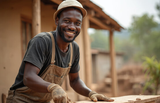 African carpenter smiles while working. Black man, artisan in workshop, wearing cap and gloves. Woodworker repairs wooden product outdoors at sunny day. Skilled manual labor on job.