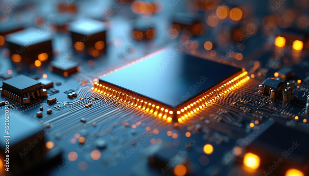 Poster Digital microchip with glowing details. Circuit board, modern technology. Advanced digital electronics, futuristic computing. Artificial intelligence, innovation. Tech concept. Circuitry, data