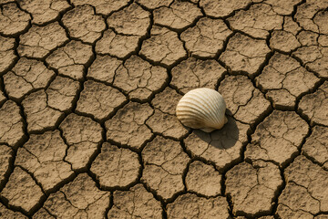 A solitary seashell rests on a parched, cracked earth surface, highlighting the effects of drought and climate change