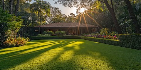 Lush garden with a house, sunbeams, and shadows on the lawn
